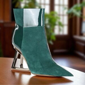 Gianni Bini Harrison Two Suede and Patent Patchwork Architectural Wedge Bootie